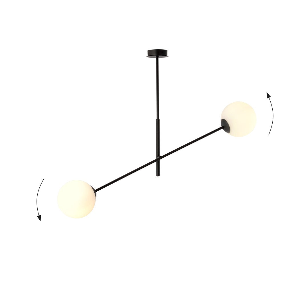 Hanglamp gepoedercoat staal en glas, modern Lineair, zwart met witte glazen kappen, 102 x 51 cm, 2 lichtpunten