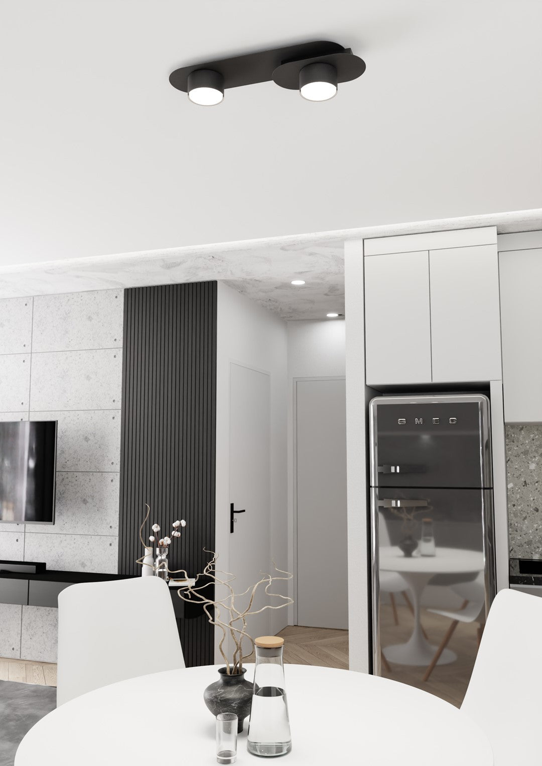 Plafondlamp gepoedercoat staal modern Stilo zwart, 2 lichtpunten, voor woonkamer, eetkamer of kantoor