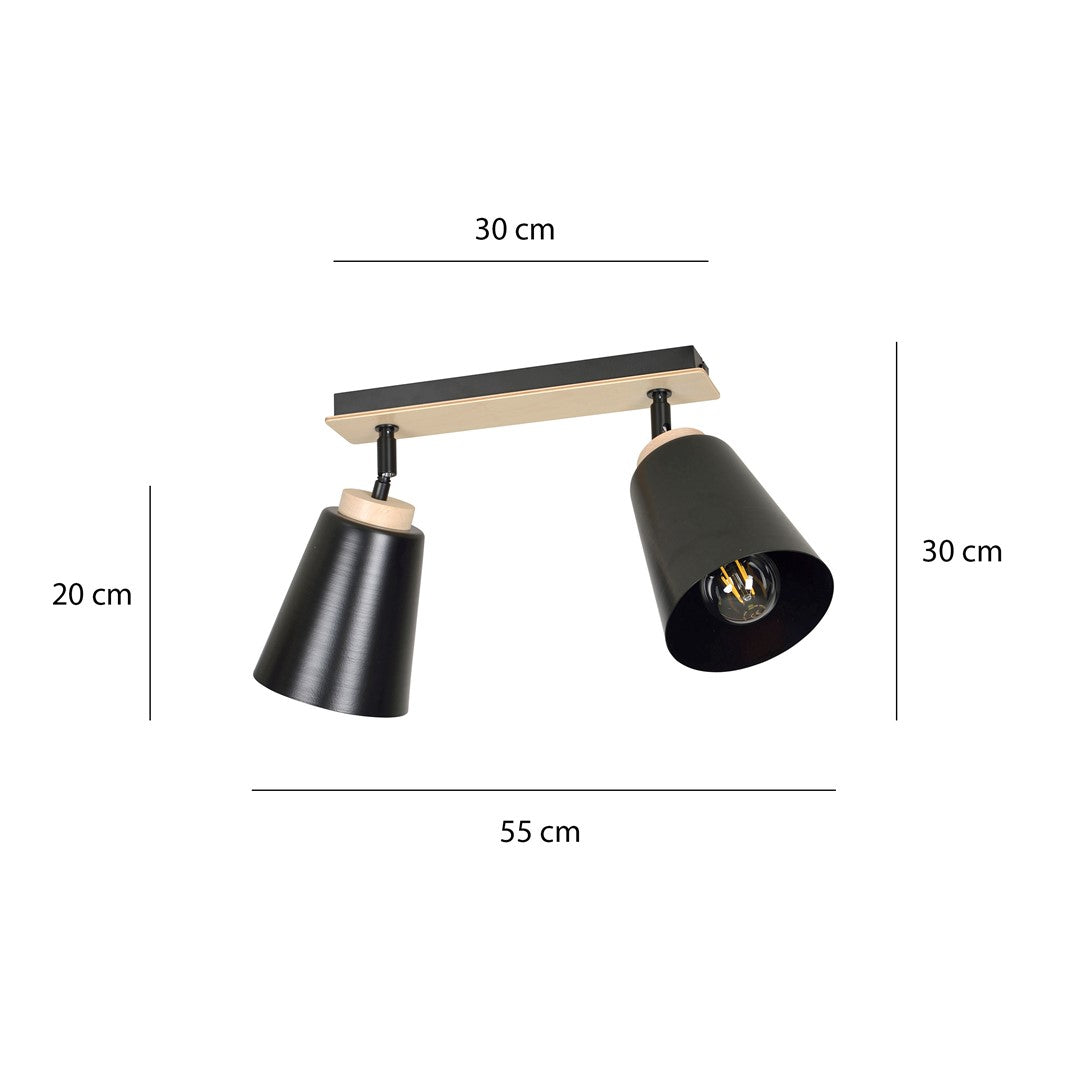 Plafondlamp gepoedercoat staal en multiplex Atlas, Scandinavisch zwart, 2 spots met E27-fitting, 55 x 30 cm