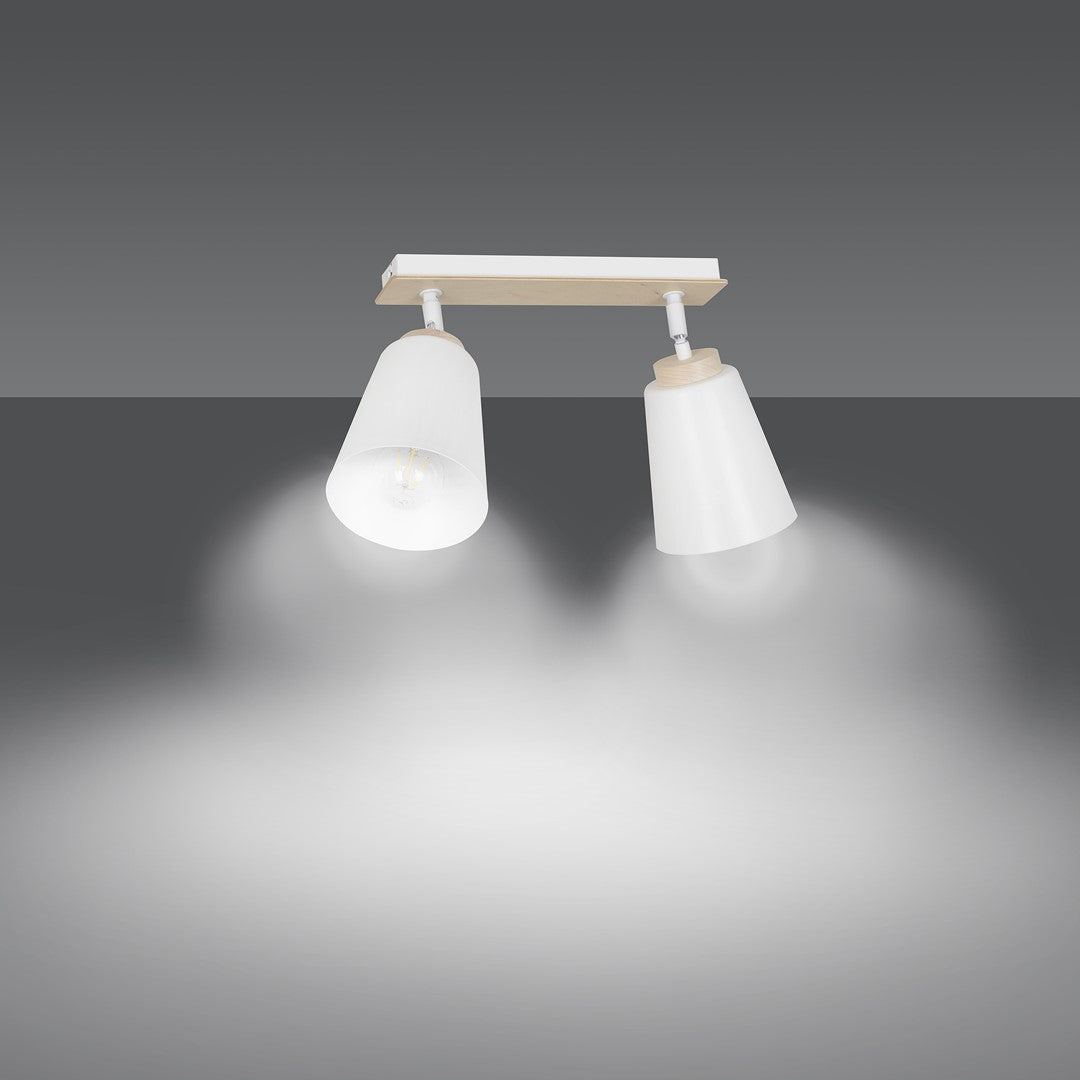 Plafondlamp staal en multiplex Scandinavisch Atlas wit, 2 spots met E27-fitting voor lage plafonds