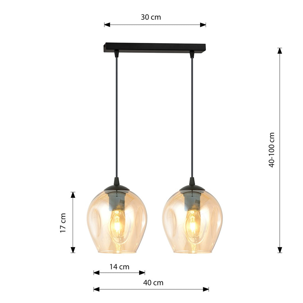 Hanglamp gepoedercoat staal en glas Istar, zwart met amberkleurige glazen kappen Ø 14 cm, 2 lichts, verstelbaar