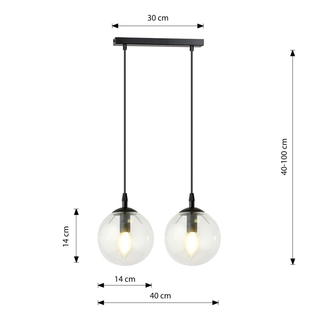 Hanglamp 2-lichts gepoedercoat staal en glas, Cosmo, zwart met transparante kappen, 40 x 100 cm, eettafel