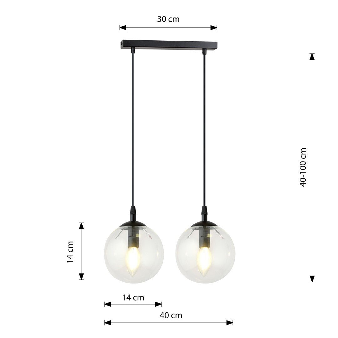 Hanglamp 2-lichts gepoedercoat staal en glas, Cosmo, zwart met transparante kappen, 40 x 100 cm, eettafel