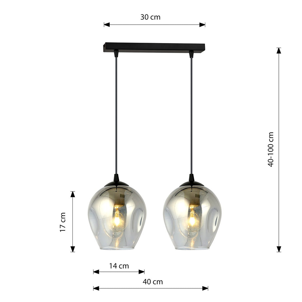 Hanglamp staal en glas Istar 2 lichts, zwart met grafiet glazen kappen, 40 cm breed, woonkamer en eetkamer