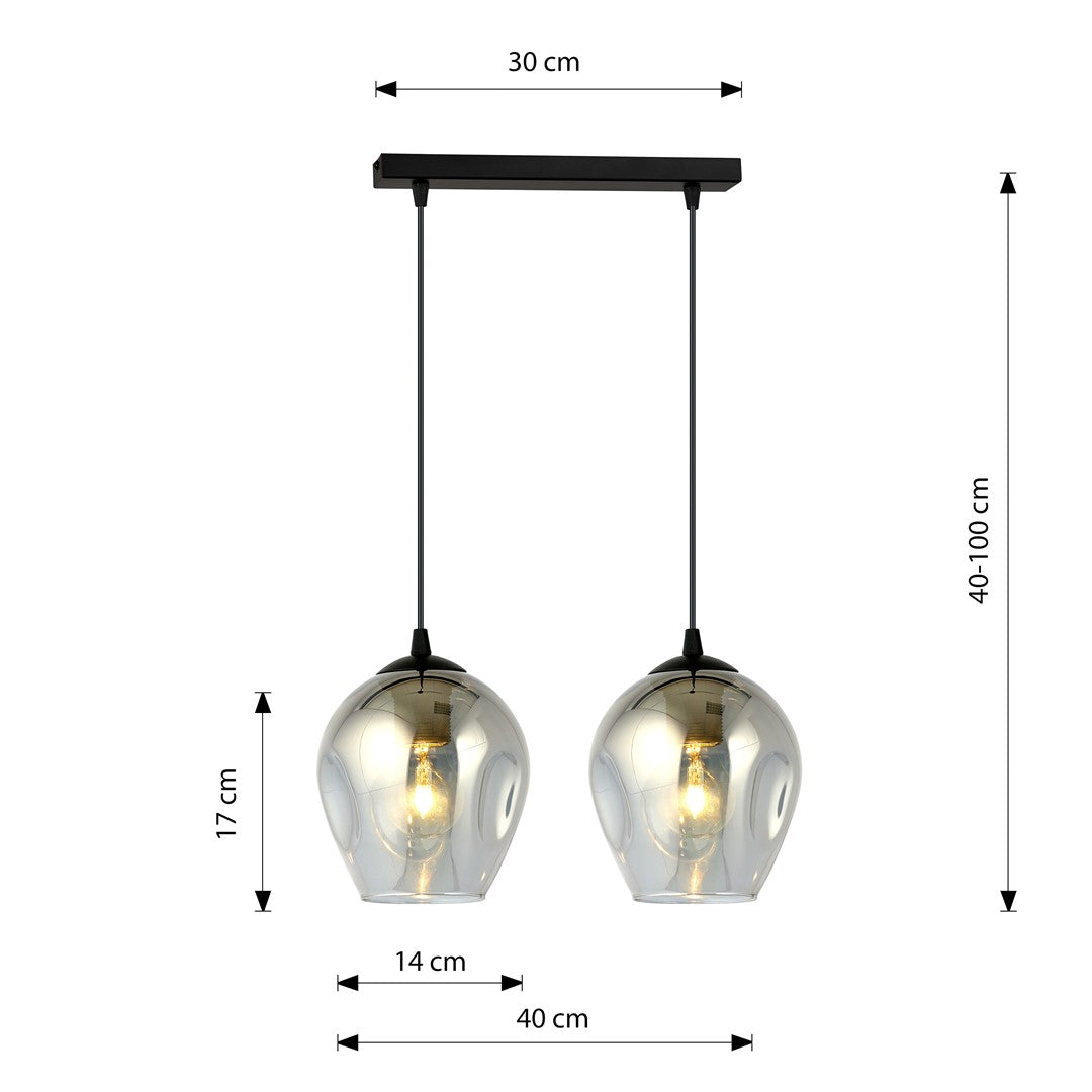 Hanglamp staal en glas Istar 2 lichts, zwart met grafiet glazen kappen, 40 cm breed, woonkamer en eetkamer