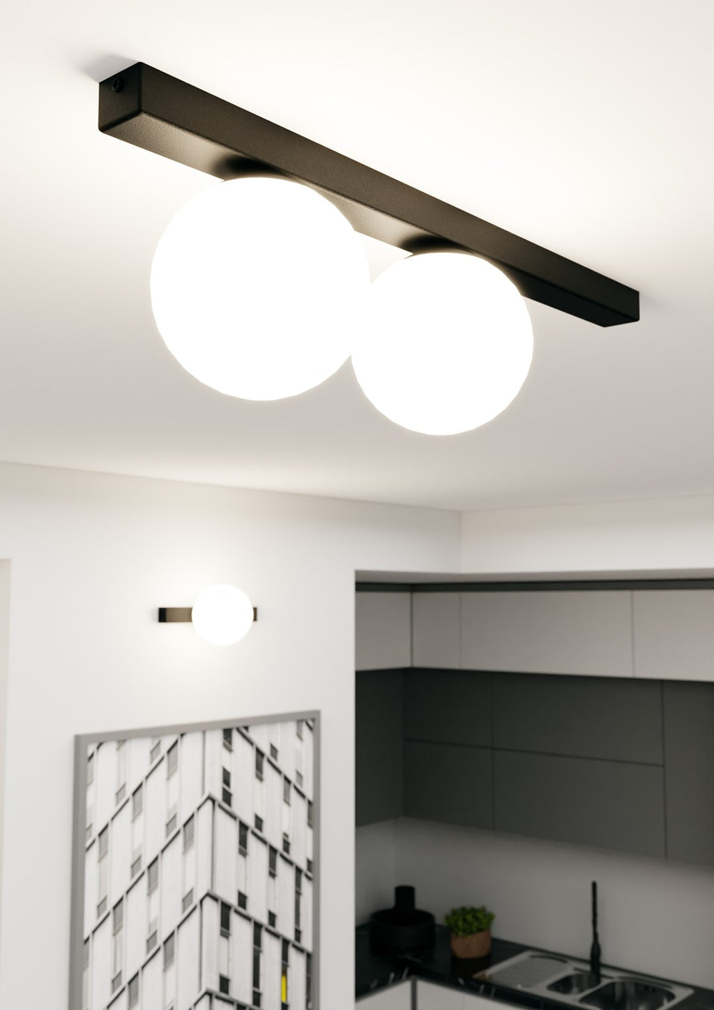 Plafondlamp gepoedercoat staal en glas, minimalistisch Fit, zwart met wit glas, 60 x 17 cm, 2 fittingen E14