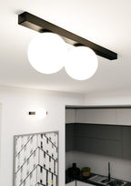 Plafondlamp gepoedercoat staal en glas, minimalistisch Fit, zwart met wit glas, 60 x 17 cm, 2 fittingen E14