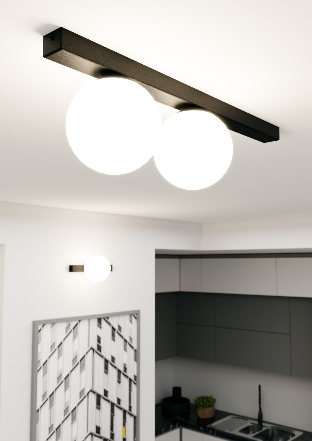 Plafondlamp gepoedercoat staal en glas, minimalistisch Fit, zwart met wit glas, 60 x 17 cm, 2 fittingen E14