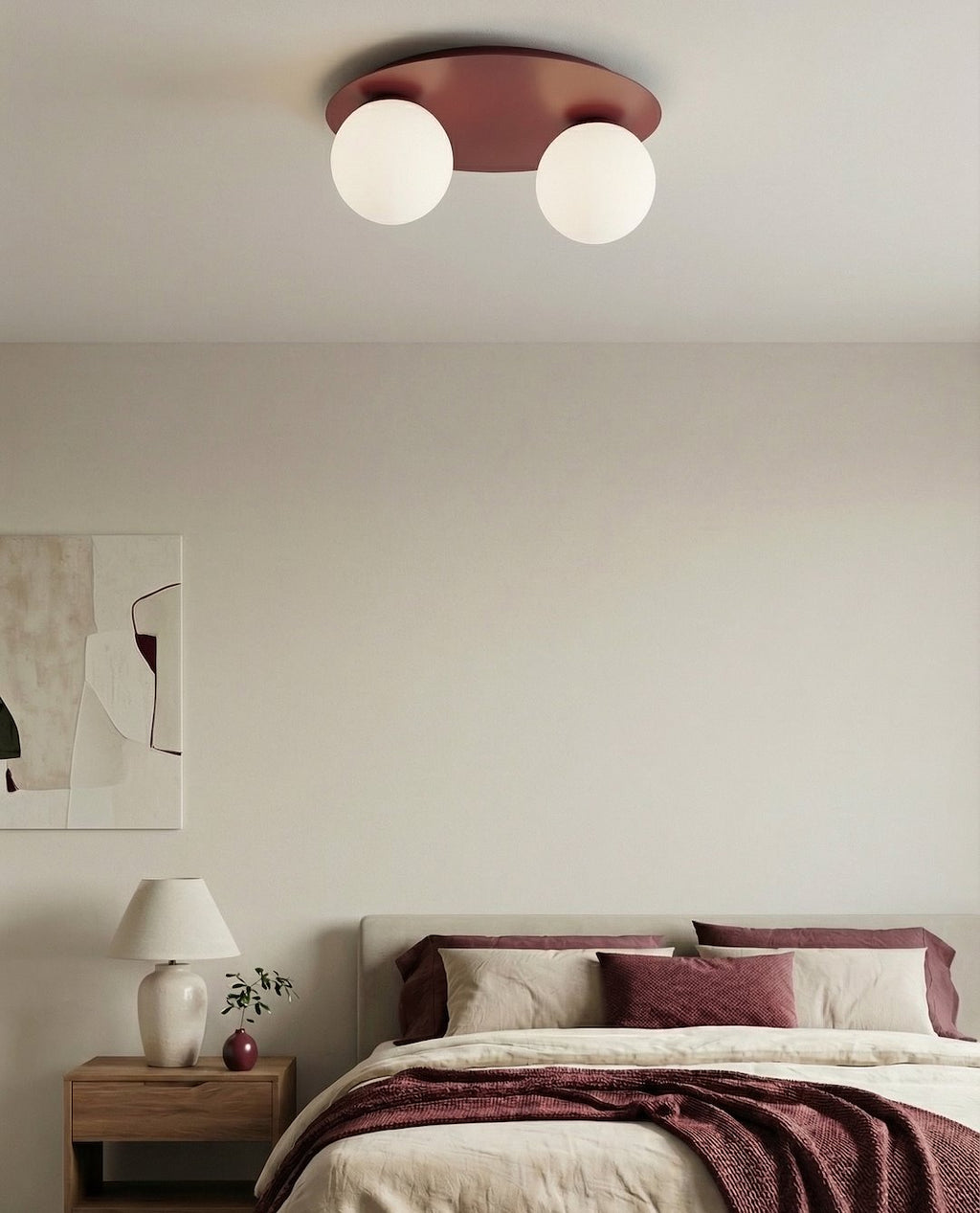 Plafondlamp gepoedercoat staal en glas Solar, bordeaux met 2 witte glazen bollen, 43 cm, woonkamer en slaapkamer