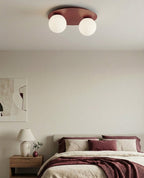 Plafondlamp gepoedercoat staal en glas Solar, bordeaux met 2 witte glazen bollen, 43 cm, woonkamer en slaapkamer
