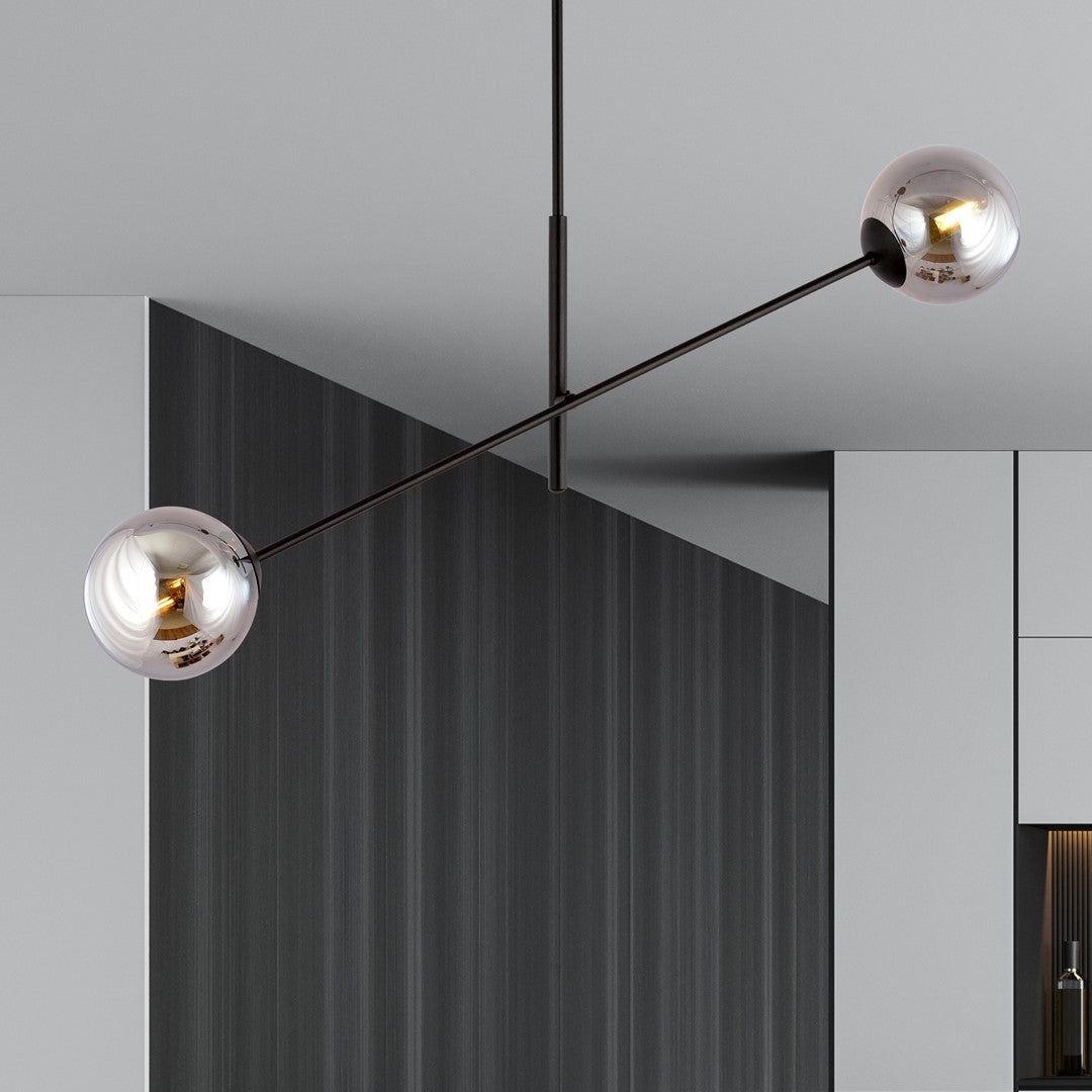 Hanglamp gepoedercoat staal en glas, modern Linear 2 zwart met grafiet glas, 2 lichtpunten, hoogte verstelbaar