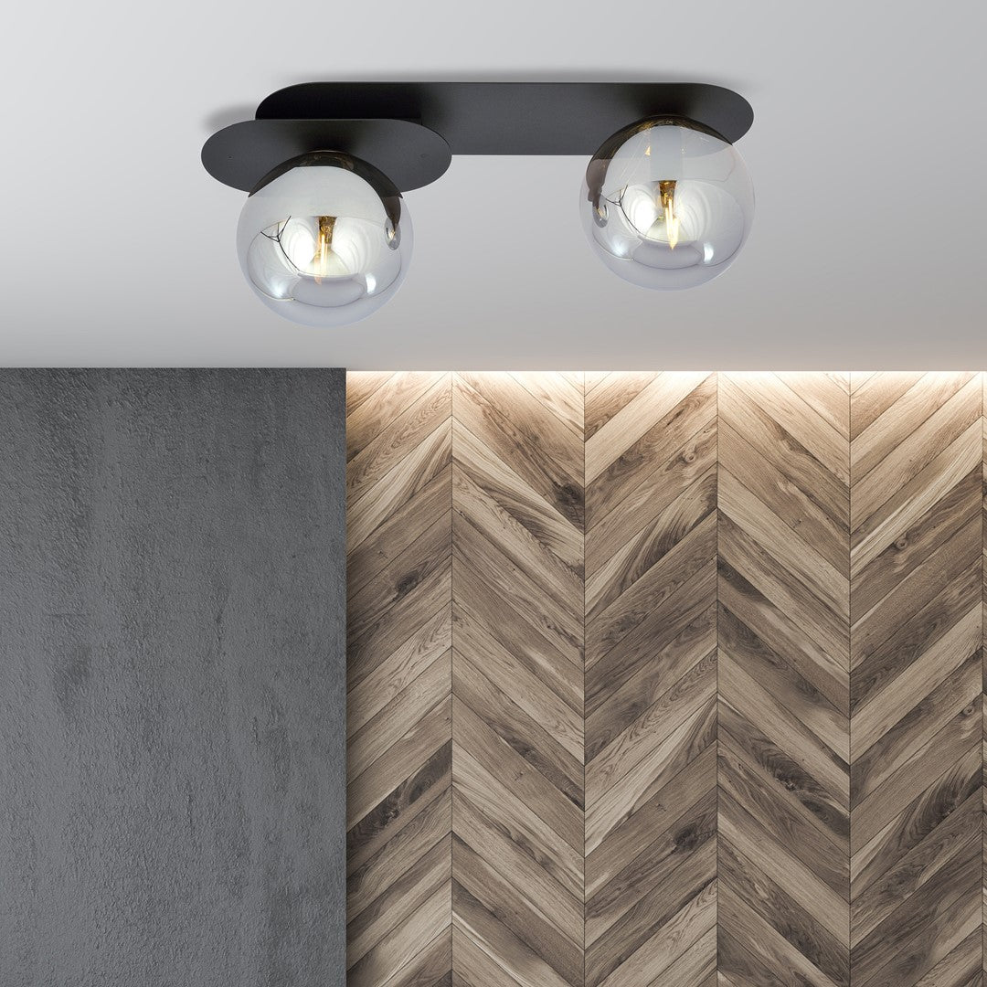 Plafondlamp gepoedercoat staal en glas Plaza 2 lichts, modern, zwart met grafiet glazen kappen, 45 cm