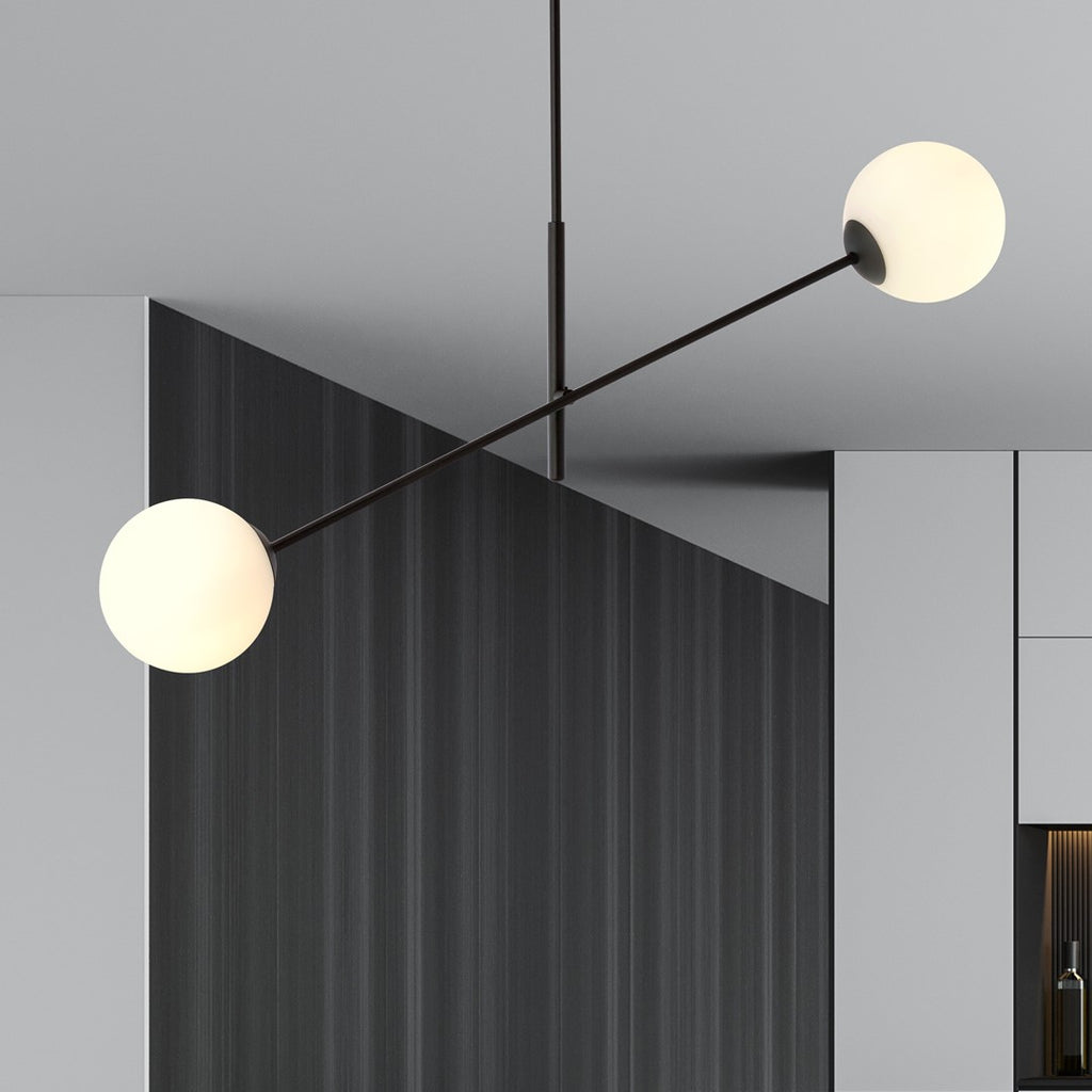 Hanglamp gepoedercoat staal en glas, modern Lineair, zwart met witte glazen kappen, 102 x 51 cm, 2 lichtpunten