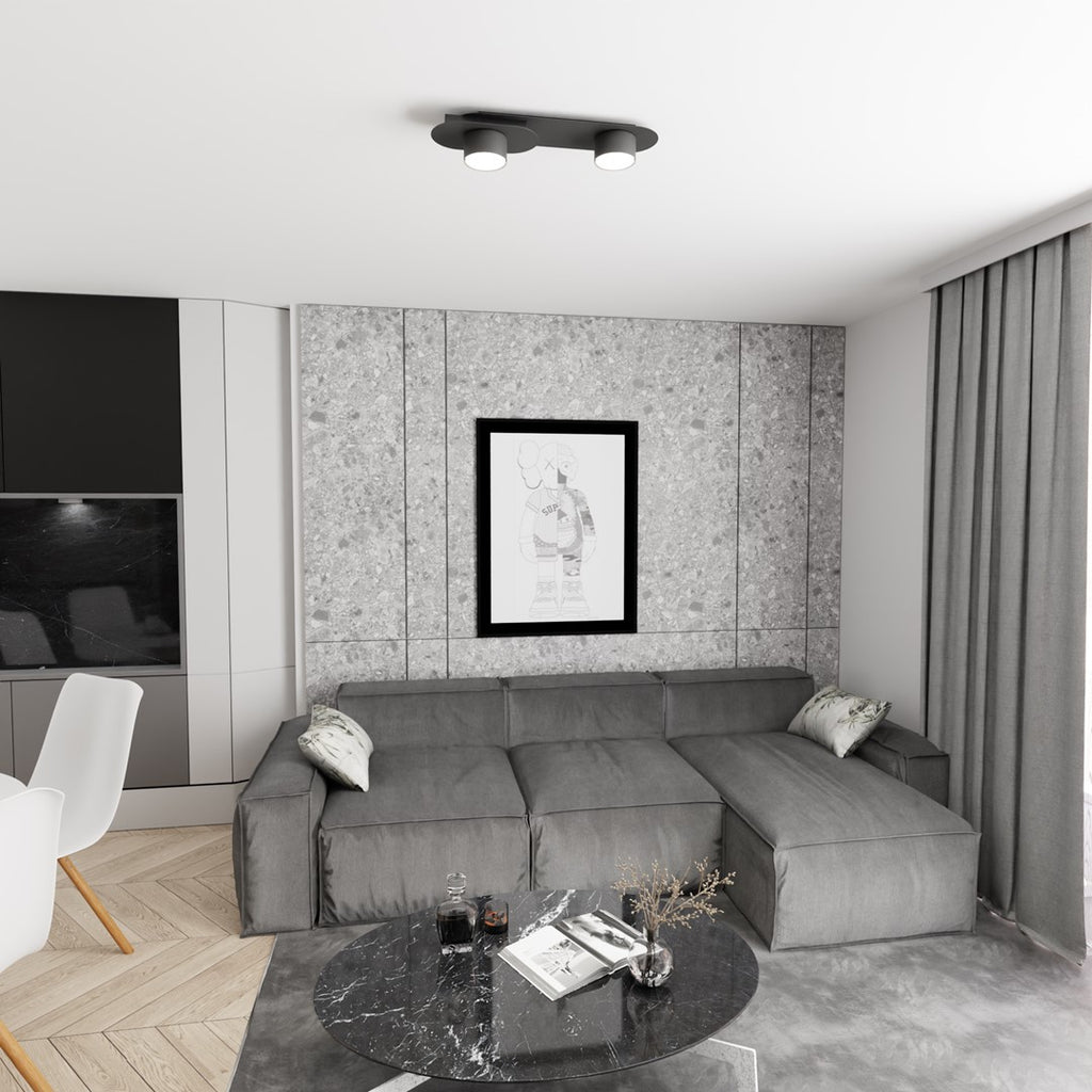 Plafondlamp gepoedercoat staal modern Stilo zwart, 2 lichtpunten, voor woonkamer, eetkamer of kantoor
