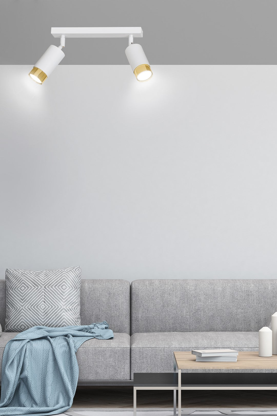 Plafondlamp gepoedercoat staal Hiro modern wit en goud, 2 spots met GU10-fitting, 30 cm breed