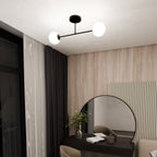 Plafondlamp gepoedercoat staal en glas, Roma modern, zwart met witte kap, 55 cm breed, 2 fittingen E14