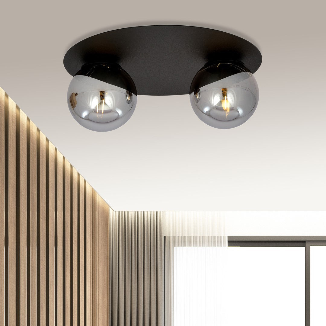 Plafondlamp Solar 2 gepoedercoat staal en glas, zwart met grafiet glazen kappen, 2 lichtpunten, E14