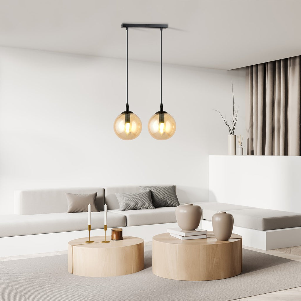 Hanglamp 2 lichts gepoedercoat staal en glas, Cosmo, zwart met amberkleurige kappen Ø 14 cm, eetkamer