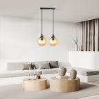 Hanglamp 2 lichts gepoedercoat staal en glas, Cosmo, zwart met amberkleurige kappen Ø 14 cm, eetkamer