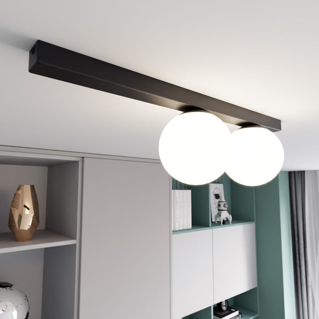 Plafondlamp gepoedercoat staal en glas, minimalistisch Fit, zwart met wit glas, 60 x 17 cm, 2 fittingen E14