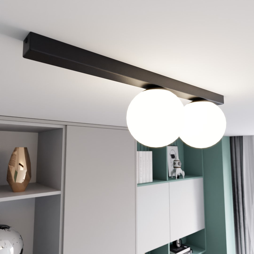 Plafondlamp gepoedercoat staal en glas, minimalistisch Fit, zwart met wit glas, 60 x 17 cm, 2 fittingen E14