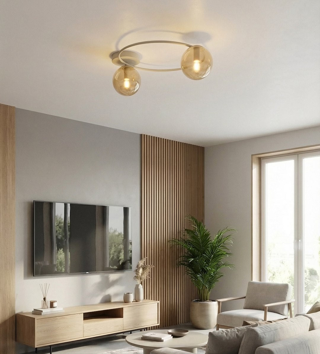 Plafondlamp gepoedercoat staal en glas Sopra, beige met amberkleurige kappen, 2 lichts, 47 x 47 cm