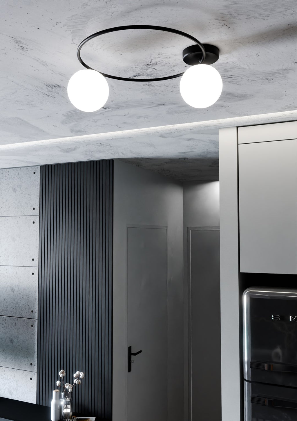 Plafondlamp Sopra 2 gepoedercoat staal en glas, minimalistisch, zwart met witte glazen kappen, 47 x 20 cm