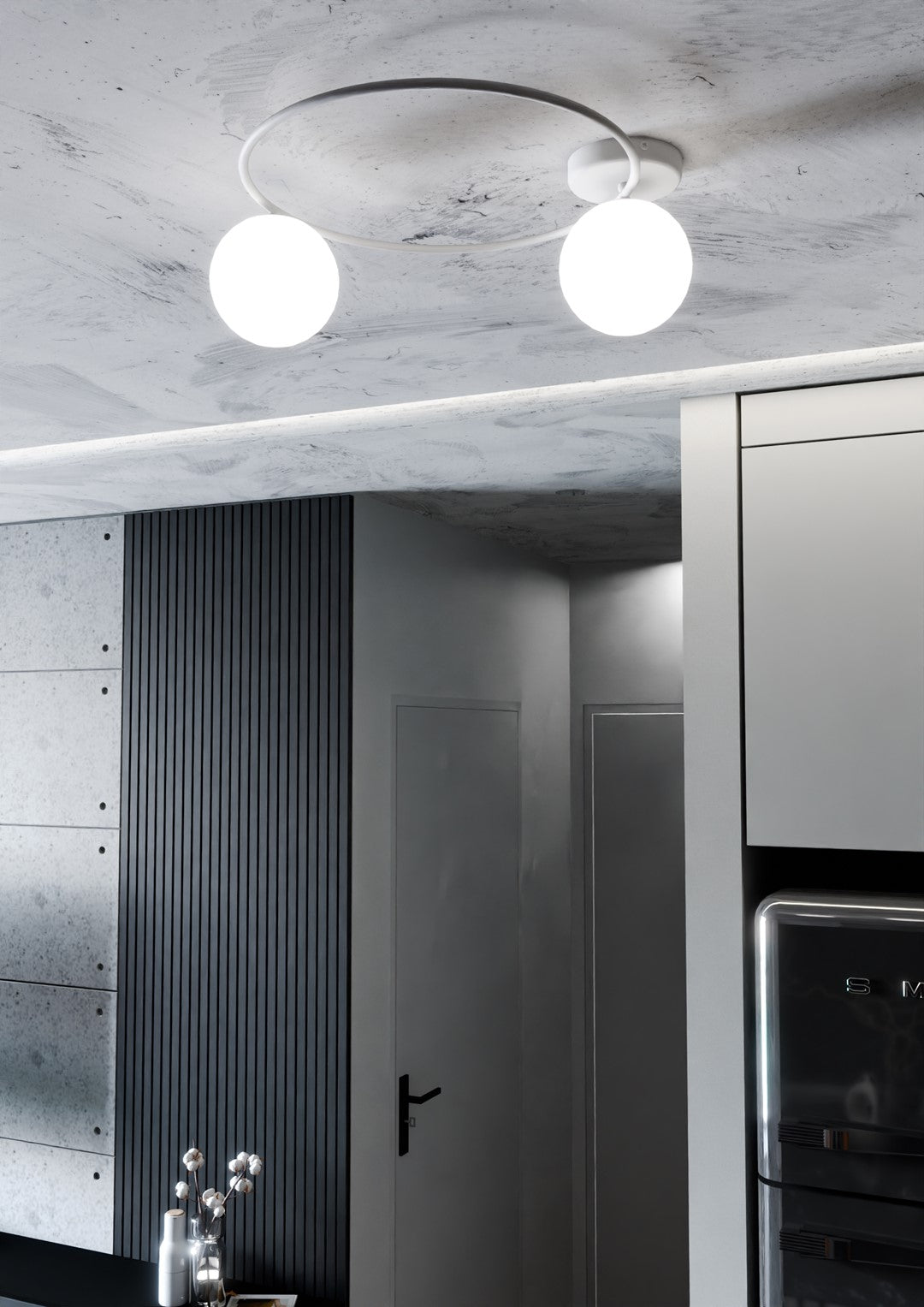 Plafondlamp gepoedercoat staal en glas Sopra 2 minimalistisch wit, 2 lichtpunten E14, breedte 47 cm