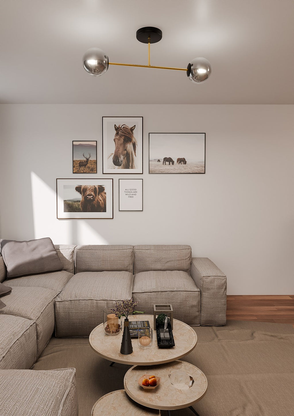 Plafondlamp gepoedercoat staal en glas, Magnum, zwart en goud met grafiet glazen kappen, 2 lichts, 55 cm breed