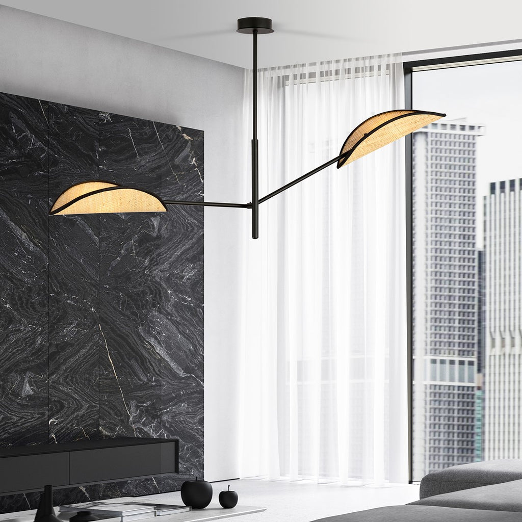 Plafondlamp gepoedercoat staal en rotan Vene, zwart met bruine bladvormige kappen, 2 lichtpunten, 102 x 51 cm, boho