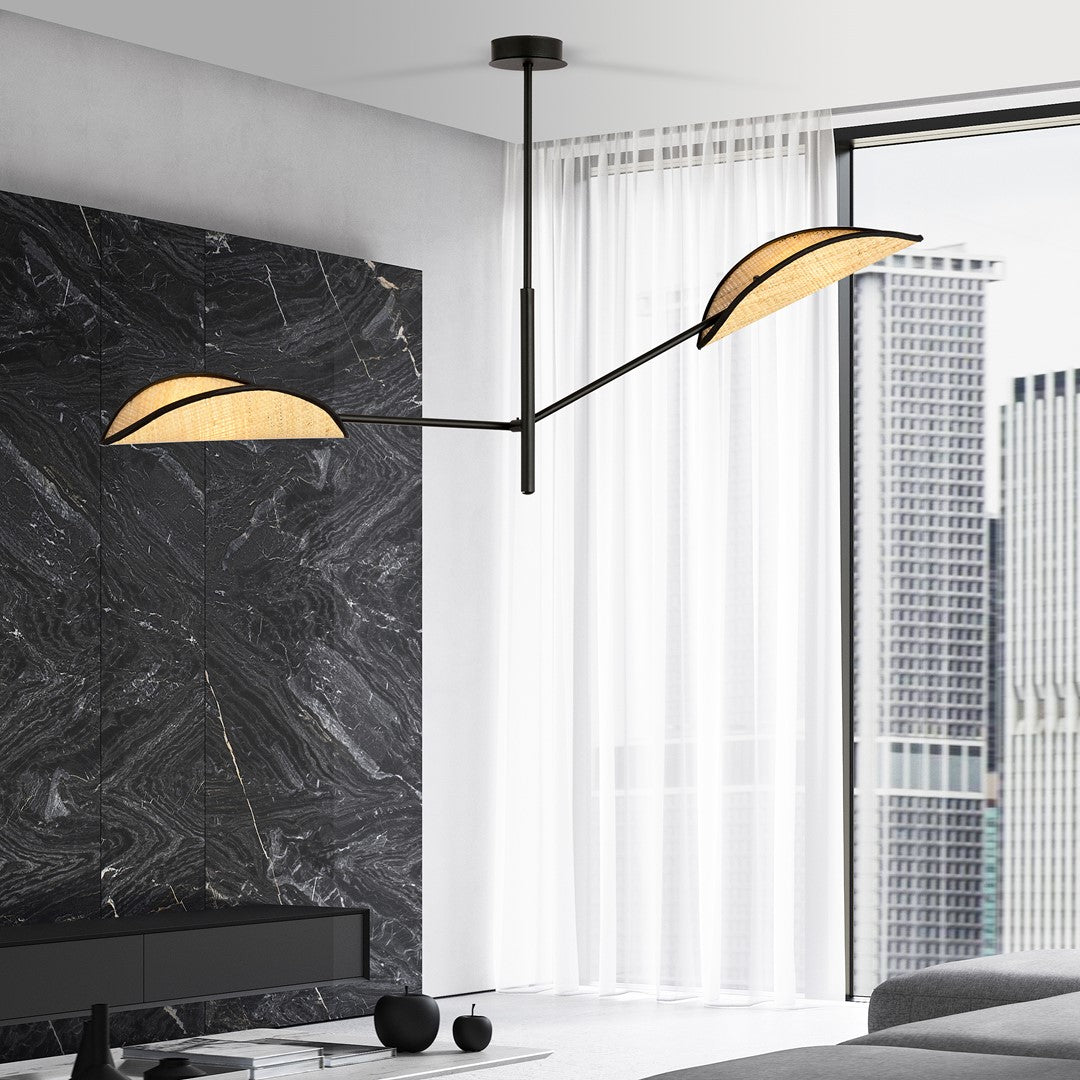 Plafondlamp gepoedercoat staal en rotan Vene, zwart met bruine bladvormige kappen, 2 lichtpunten, 102 x 51 cm, boho