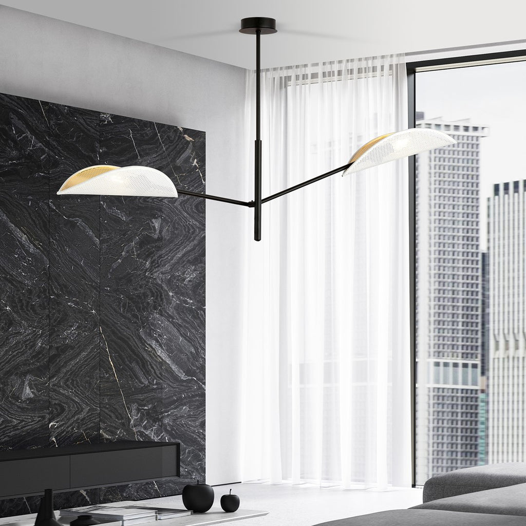 Plafondlamp Vene gepoedercoat staal, modern, zwart met wit en goud, 2 lichtpunten, 102 x 51 cm, woonkamer en slaapkamer