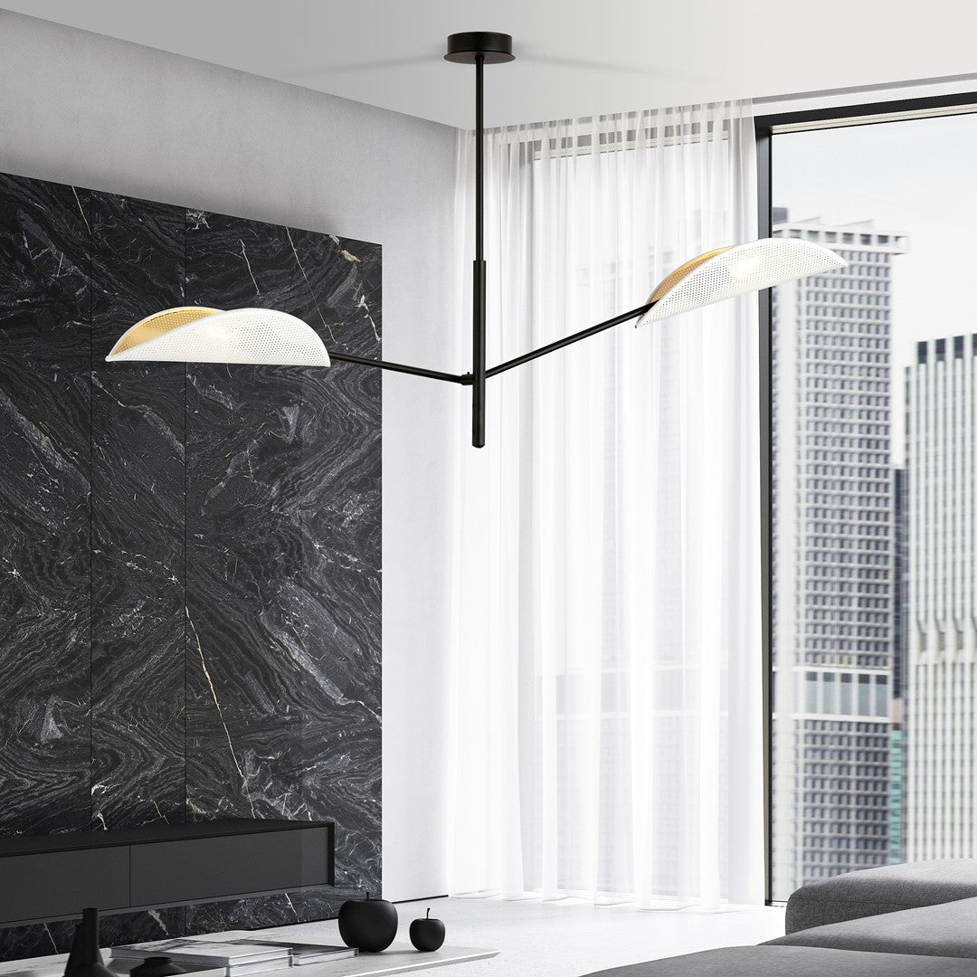 Plafondlamp Vene gepoedercoat staal, modern, zwart met wit en goud, 2 lichtpunten, 102 x 51 cm, woonkamer en slaapkamer