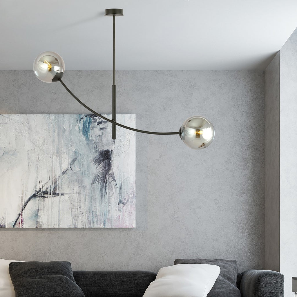 Plafondlamp gepoedercoat staal en glas Hunter 2 zwart met grafiet glazen kappen, 2 lichtpunten E14 – 83 x 60 cm