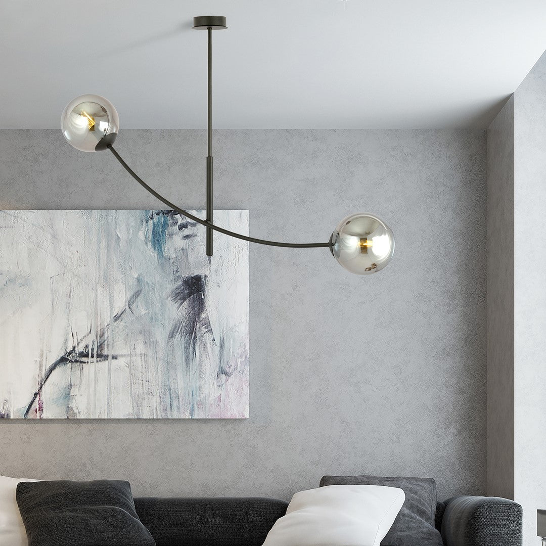 Plafondlamp gepoedercoat staal en glas Hunter 2 zwart met grafiet glazen kappen, 2 lichtpunten E14 – 83 x 60 cm