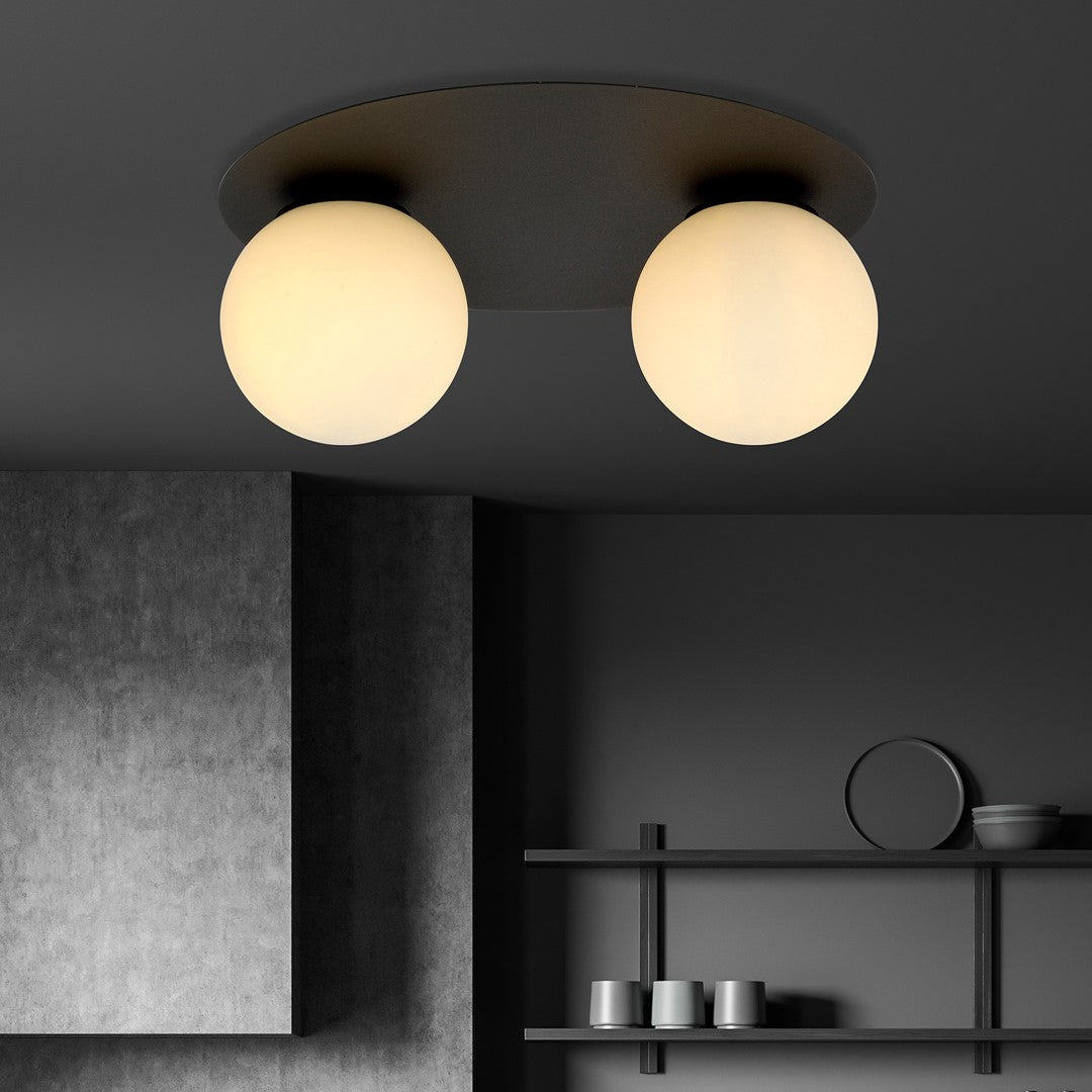 Plafondlamp gepoedercoat staal en glas Solar minimalistisch, zwart met witte kap, 2 lichtpunten, 43 x 19 cm