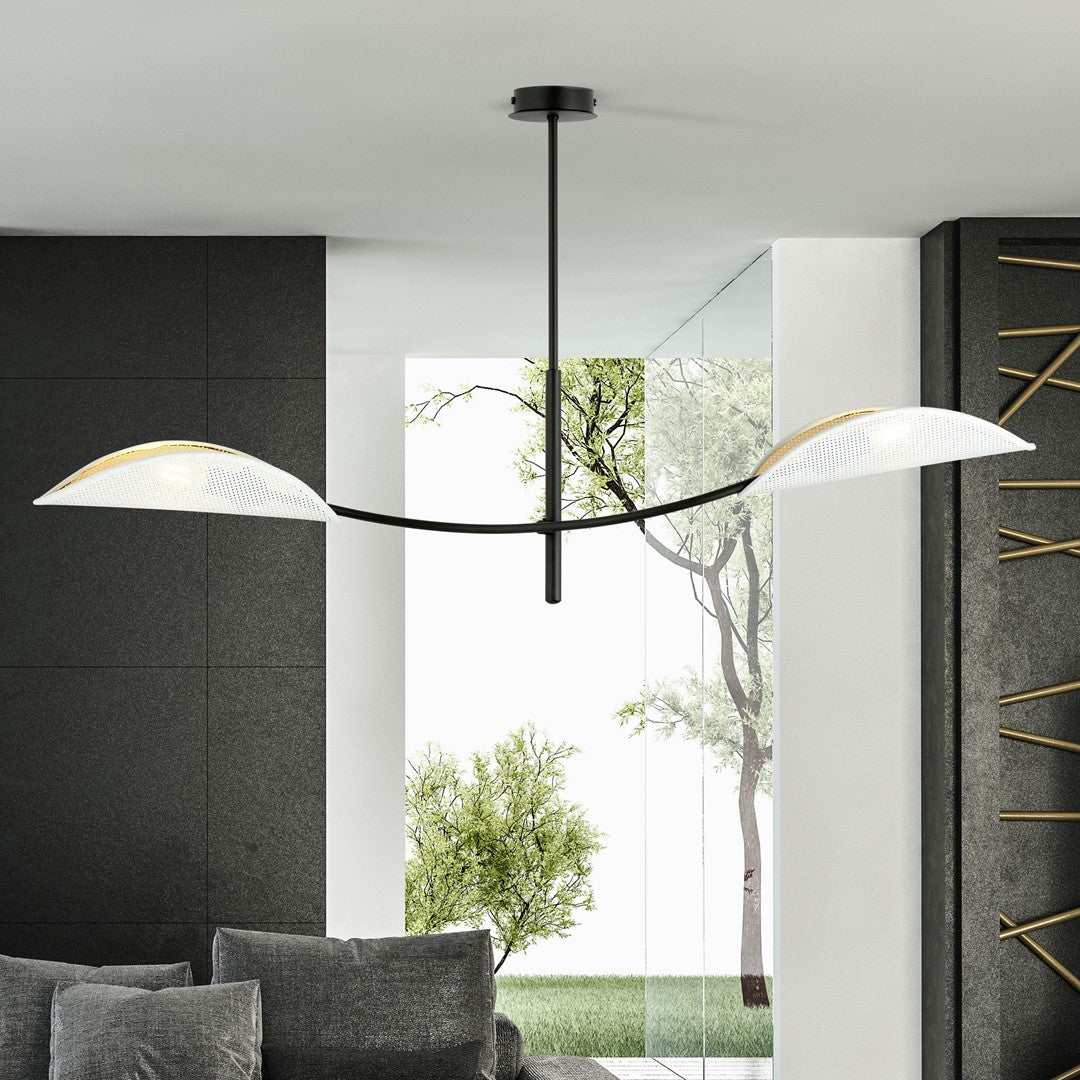 Plafondlamp gepoedercoat staal modern Lotus, zwart met witte stoffen kappen, 2 lichtpunten E14, 103 x 60 cm