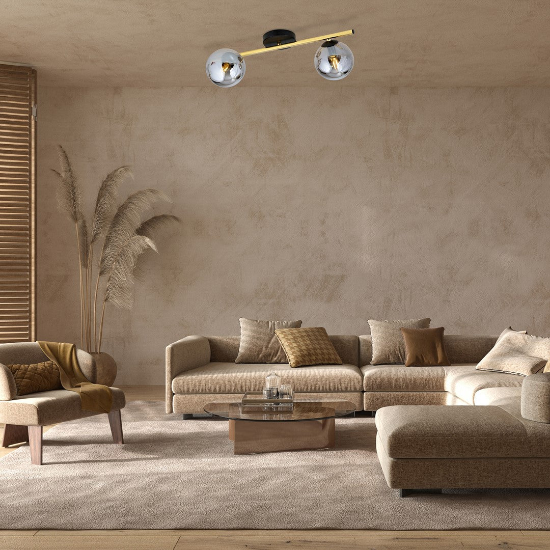 Plafondlamp Splendi gepoedercoat staal en glas, modern, zwart met goud en grafiet kappen, 55 x 20 cm, 2 lichts