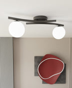 Plafondlamp gepoedercoat staal en glas Opus zwart met witte glazen kappen, 2 lichts E14 – woonkamer, eetkamer, slaapkamer