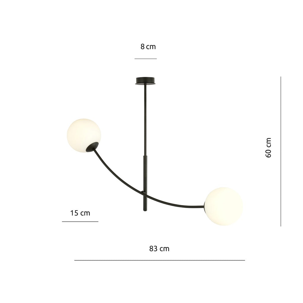 Plafondlamp gepoedercoat staal modern Hunter zwart met witte glazen kappen, 83 x 60 cm, 2 fittingen