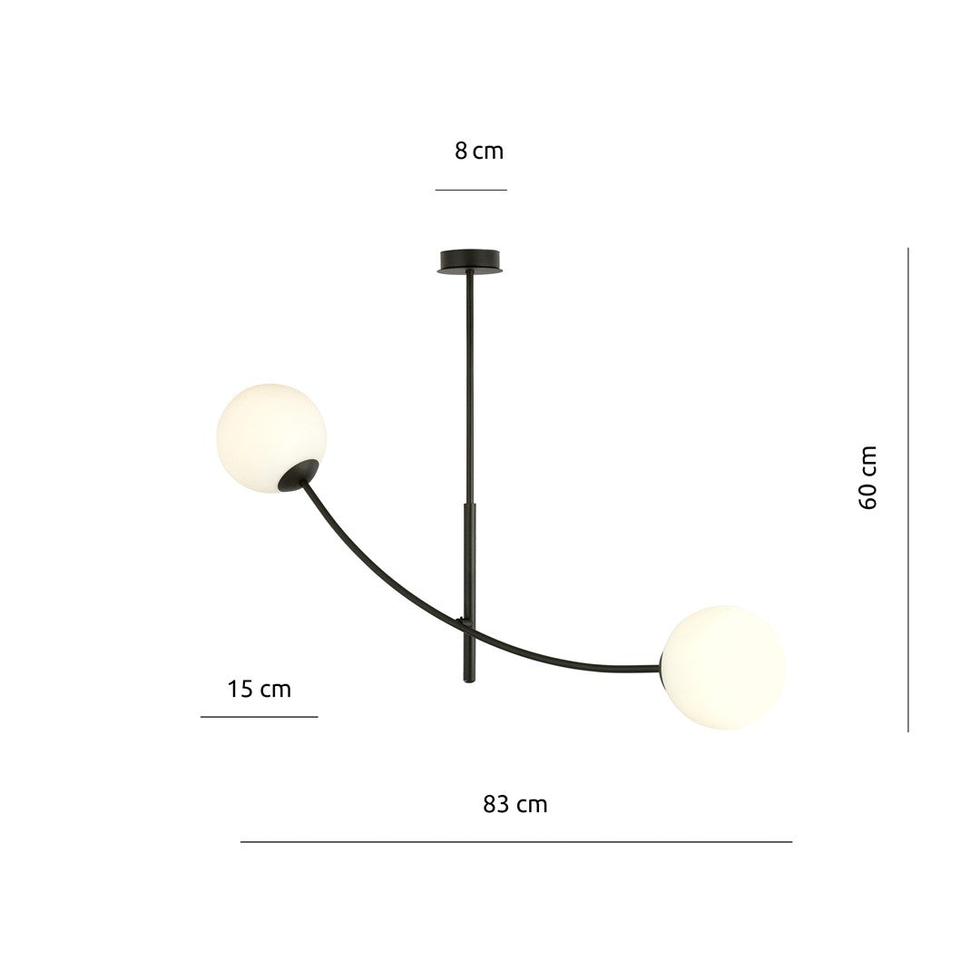Plafondlamp gepoedercoat staal modern Hunter zwart met witte glazen kappen, 83 x 60 cm, 2 fittingen