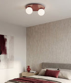Plafondlamp gepoedercoat staal en glas Solar, bordeaux met 2 witte glazen bollen, 43 cm, woonkamer en slaapkamer