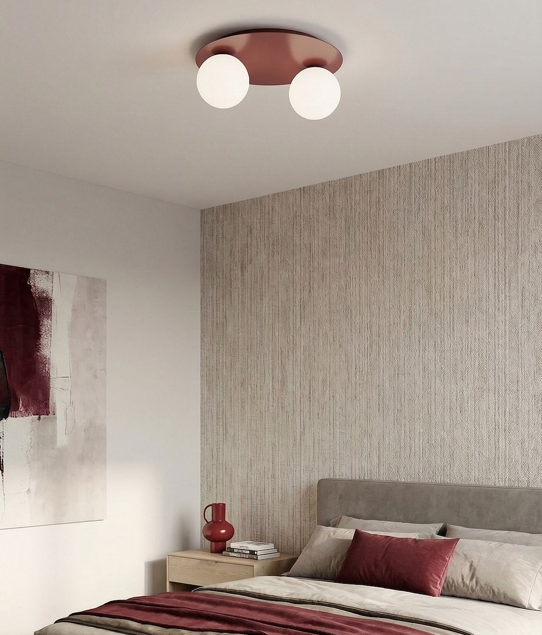 Plafondlamp gepoedercoat staal en glas Solar, bordeaux met 2 witte glazen bollen, 43 cm, woonkamer en slaapkamer