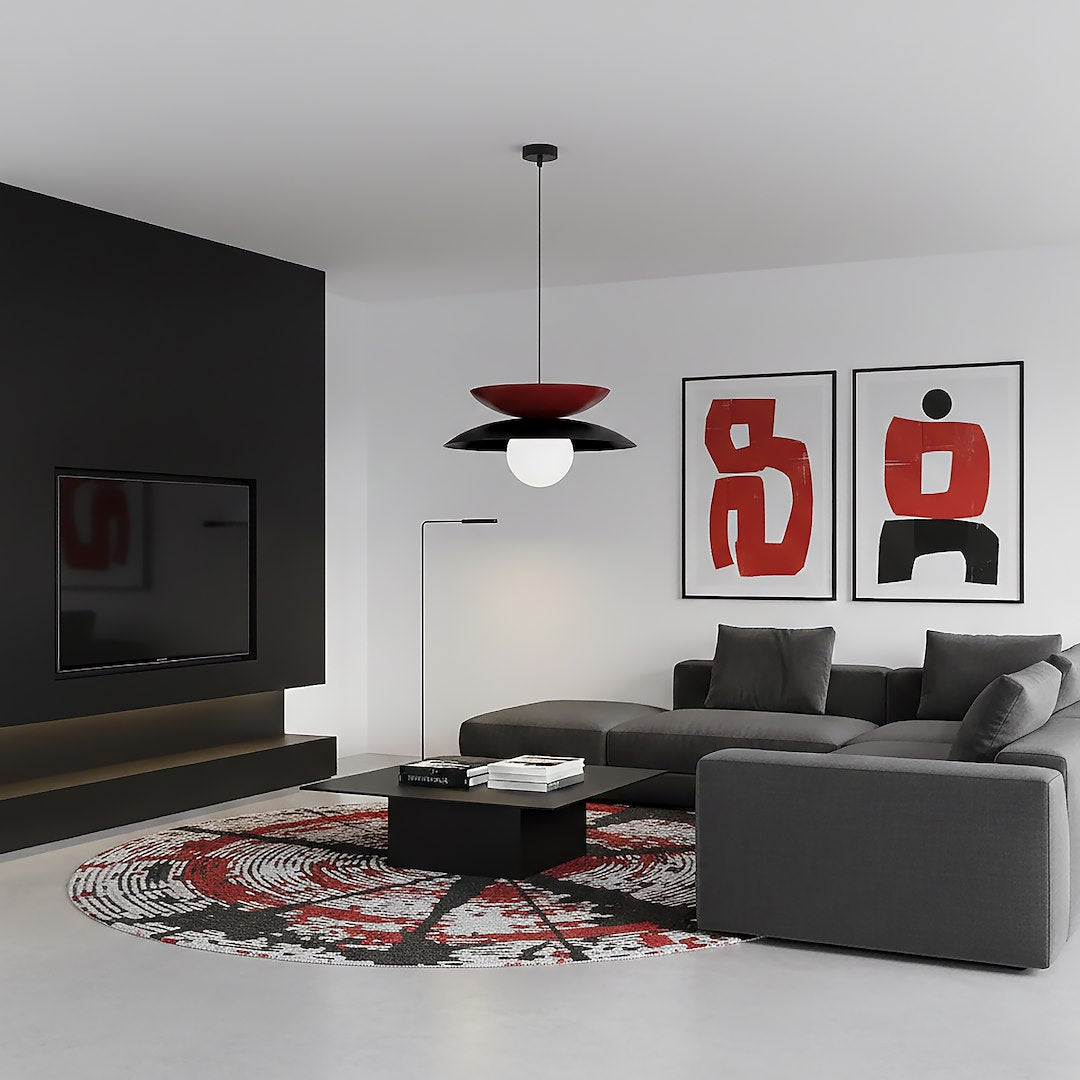 Hanglamp gepoedercoat staal en glas Nagoya, zwart en bordeaux met witte kap, Ø 41 cm, G9 led