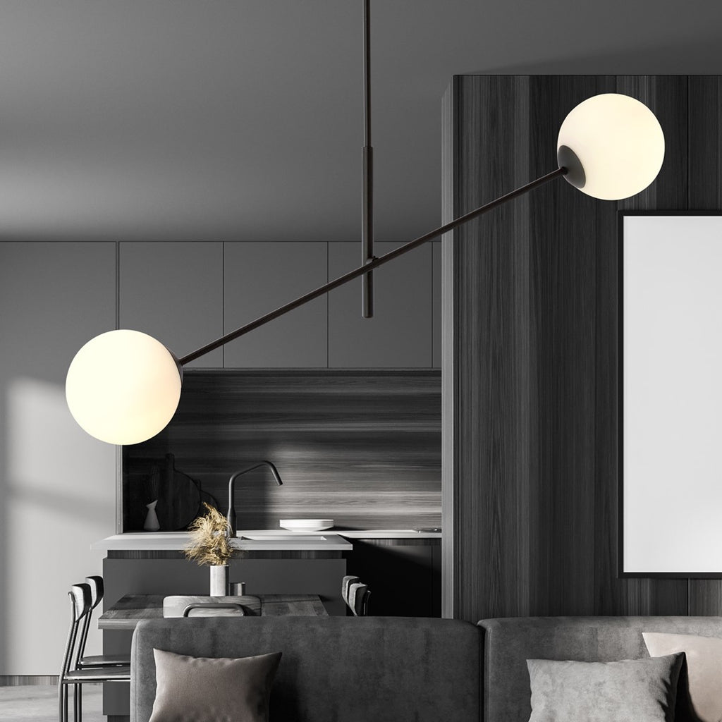 Hanglamp gepoedercoat staal en glas, modern Lineair, zwart met witte glazen kappen, 102 x 51 cm, 2 lichtpunten
