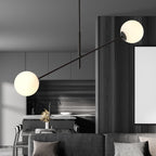 Hanglamp gepoedercoat staal en glas, modern Lineair, zwart met witte glazen kappen, 102 x 51 cm, 2 lichtpunten