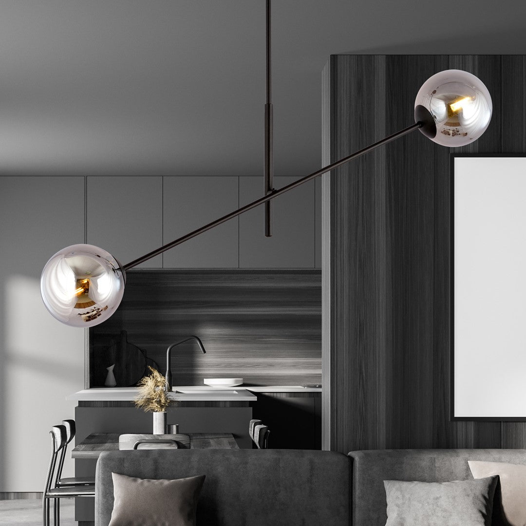 Hanglamp gepoedercoat staal en glas, modern Linear 2 zwart met grafiet glas, 2 lichtpunten, hoogte verstelbaar