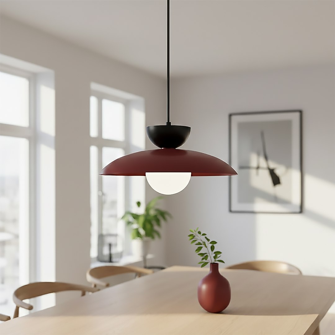 Hanglamp gepoedercoat staal en glas Scandinavisch Mulan bordeaux met zwart, Ø 30 cm, boven eettafel
