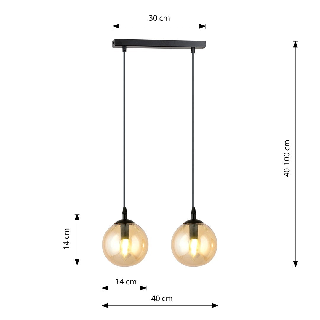 Hanglamp 2 lichts gepoedercoat staal en glas, Cosmo, zwart met amberkleurige kappen Ø 14 cm, eetkamer