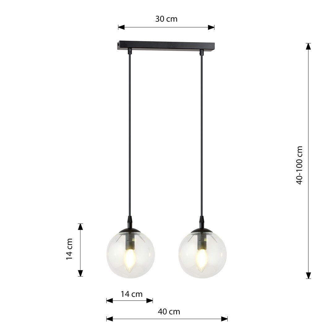 Hanglamp 2-lichts gepoedercoat staal en glas, Cosmo, zwart met transparante kappen, 40 x 100 cm, eettafel